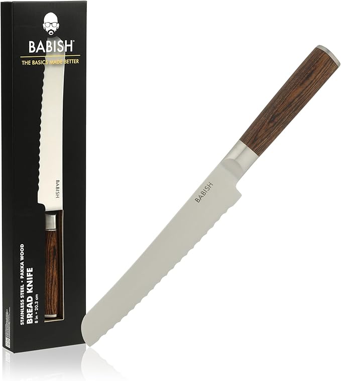 Babish 8-Inch Bread Knife – High-Carbon 1.4116 German Steel Serrated Knife with Dark Pakka Wood Handle, Full-Tang Razor Sharp Kitchen Knife for Slicing Bread, Crusting & Artisan Loaves