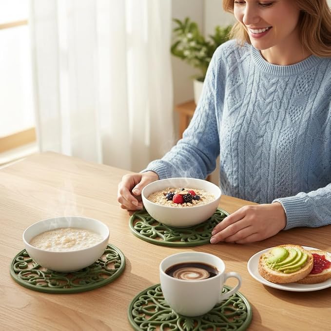 ME.FAN Trivets for Dishes/Pots/Pans, 3 Pcs Silicone Mats, Flexible/Durable/Non Slip Hot Pads to Protect Table and Counter Top (Olive Green)