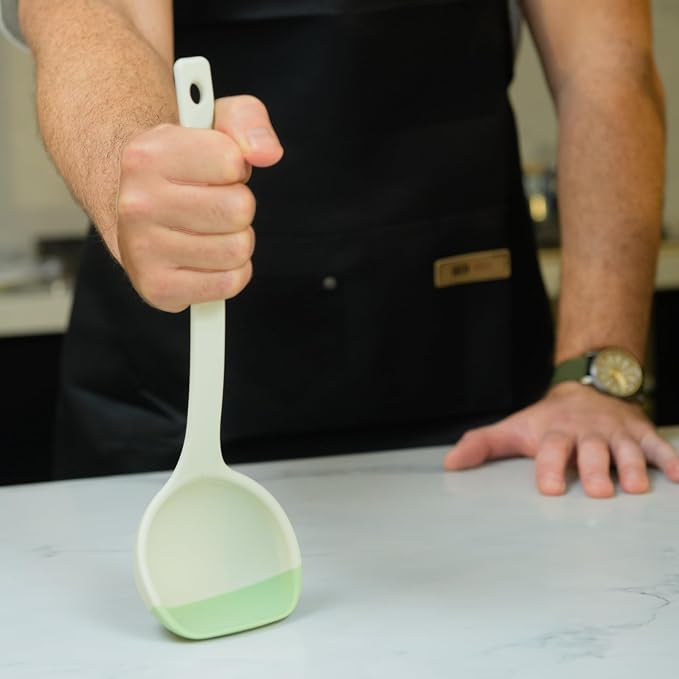 Silicone Spoon - Colorful Silicone Spatula Ladle with a Soft Top to Mold to your Pots & Pans. (Green/Grey)