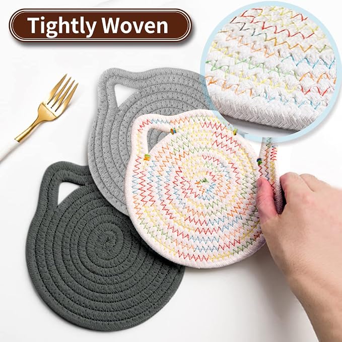 7" Pure Cotton Trivets Set with 0.35" Thick (3 Pcs, Grey) | Tightly Woven, Machine Washable, Heat Resistant, Cute Cat Kitchen Accessories for Hot Dishes Pots Pans, Decor, Gift
