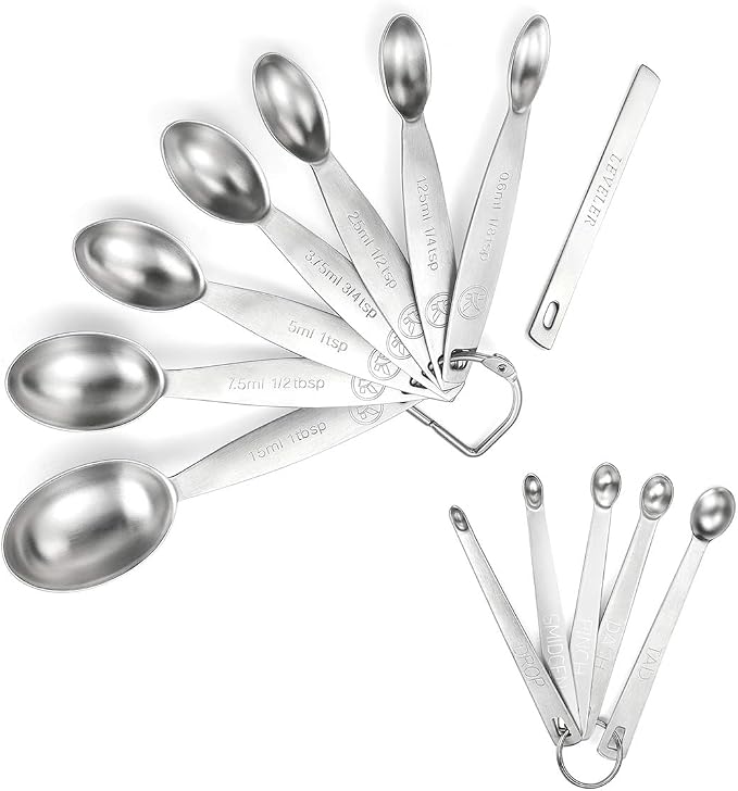 18/8 Stainless Steel Measuring Spoons Set - 13 Piece, Includes 7 Oval, 1 Leveler and 5 Mini Spoons, Fits Spice Jar