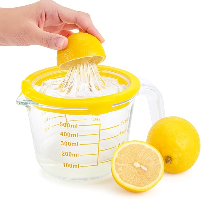 Cartman Glass Citrus Lemon Orange Juicer, Yellow Manual Hand Squeezer, Glass Citrus Reamer, Lemon and Lime Manual Squeezer,Kitchen tool,Ounce Measuring Cup