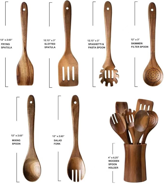 7 Piece Natural Acacia Wooden Kitchen Utensil Set with Holder - Wooden Spoons and fork for Cooking Comfort Grip Cooking Spoons, Spatulas, Strainer Spoon, Salad Fork, Mixing Spoon and Utensil Holder