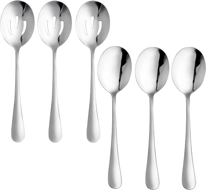 6 Pieces Serving Spoons Set, 8.7 Inch, Includes 3 Serving Spoons and 3 Slotted Spoon, Large Stainless Steel Buffet Banquet Utensils Cutlery Set for Home, Kitchen
