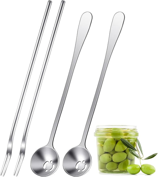 Didaey 4 Pcs Pickle Fork and Olive Spoon Strainer Set Stainless Steel Long Handle Pick Jar Serving Spoon with Drain Hole Prong for Onion Cucumber Arugula(Classic Style)