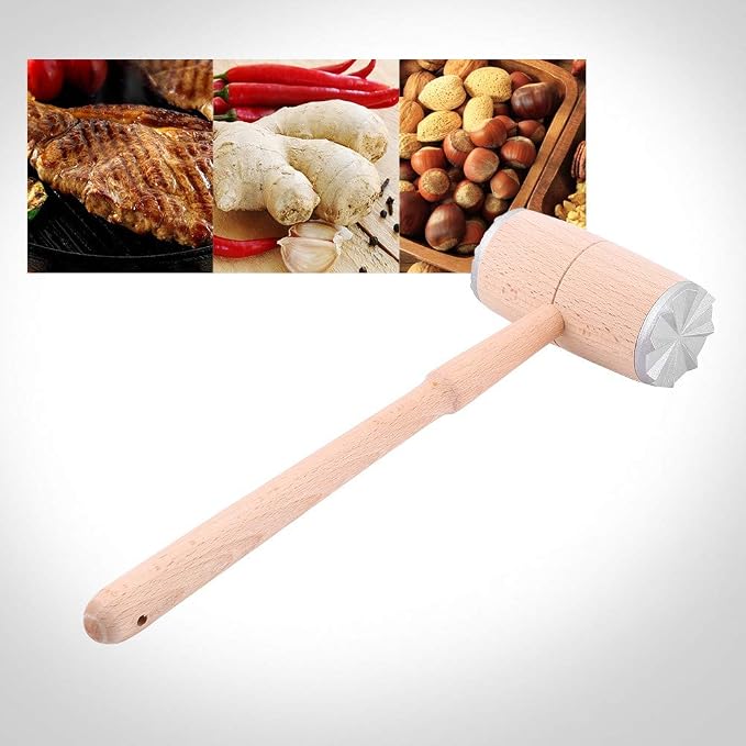 Meat Tenderizer, Wooden Dual-Sided Meat Mallet Kitchen Tool with Aluminum Alloy Heads for Tenderizing, Flattening Pounding Pork, Lamb, Chicken, Steak, Turkey