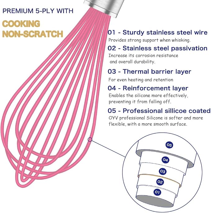 OYV Pink Silicone Whisk, Professional Whisks For Cooking Non-Scratch, Stainless Steel & Silicone Wisk, Plastic Rubber Whisk Tool For Nonstick Cookware Pans, Silicon Wisks Set of 3