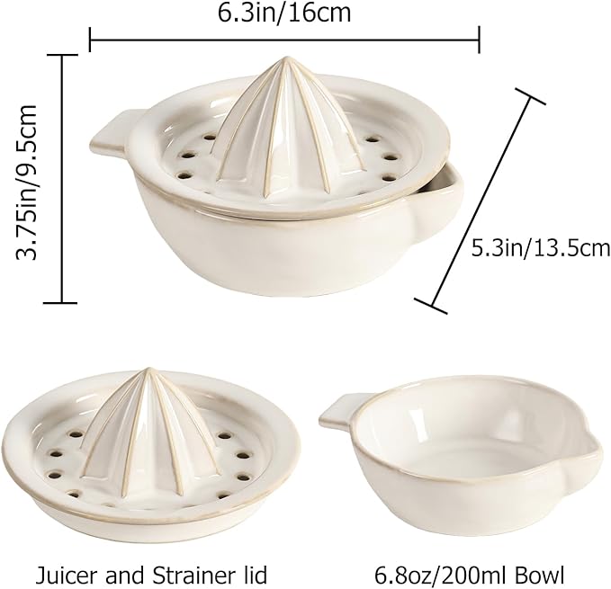 Ceramic Citrus Lemon Orange Juicer Manual Squeezer, Hand Juicer Reamer Rotation Press with 6.8oz Bowl, Strainer Lid, Spout, Handle, Dishwasher Safe, Easy to Clean