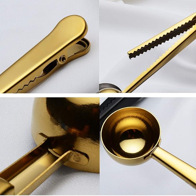 3 PCS Coffee Scoop with Clip 2 in 1 Stainless Steel 1 tbsp Ground Measuring Spoon with Bag Clip for Coffee Tea