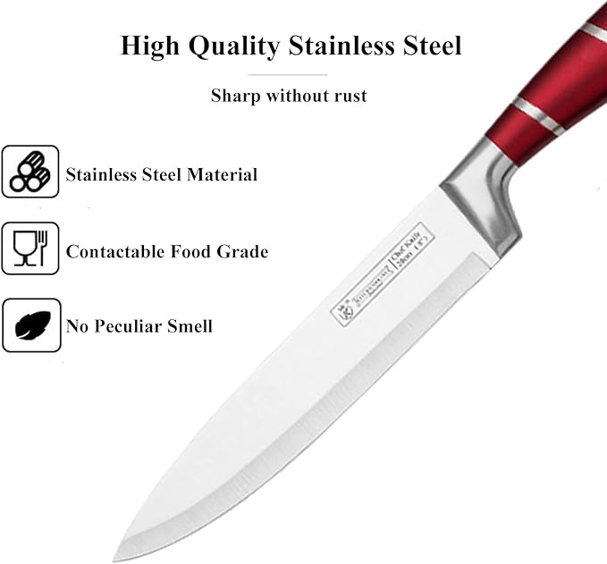 Kitchen Knife Set, 9Pcs Red Knife Set with Rotation Block, Ergonomical Handle,Non Stick Sharp Stainless Steel Chef Knife Block Set for Home Cooking Gift