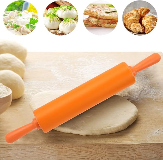 Silicone Rolling Pin Non-Stick DIY Dumpling Roller Bread Cookie Rolling Pin for Baking, Pastry Dough Roller, Fondant, Pizza, etc(Orange)