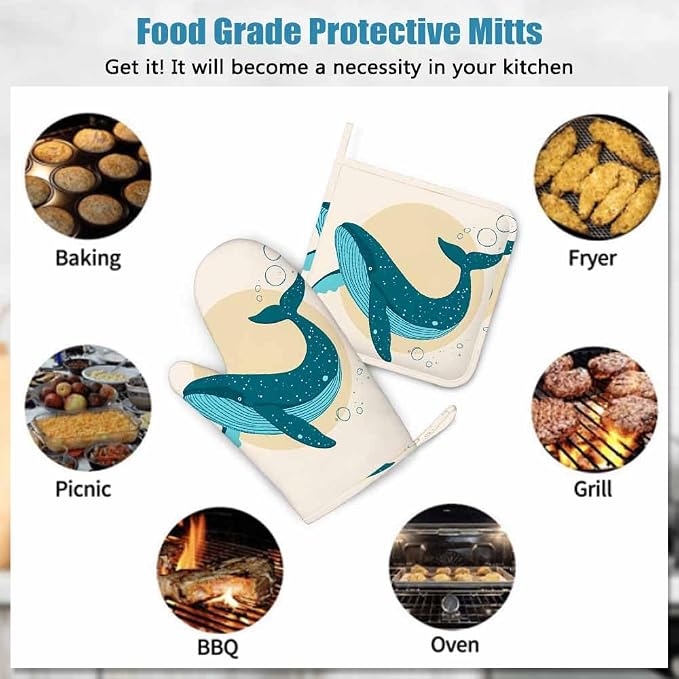 Mxocom Watercolor Whale Heat-Resistant Oven Mitts and Pot Holder Sea Theme Marine Life Coastal Modern Design Cool Ring Circle Kitchen Non-Slip Cooking Microwave Gloves for Cooking Baking Grilling