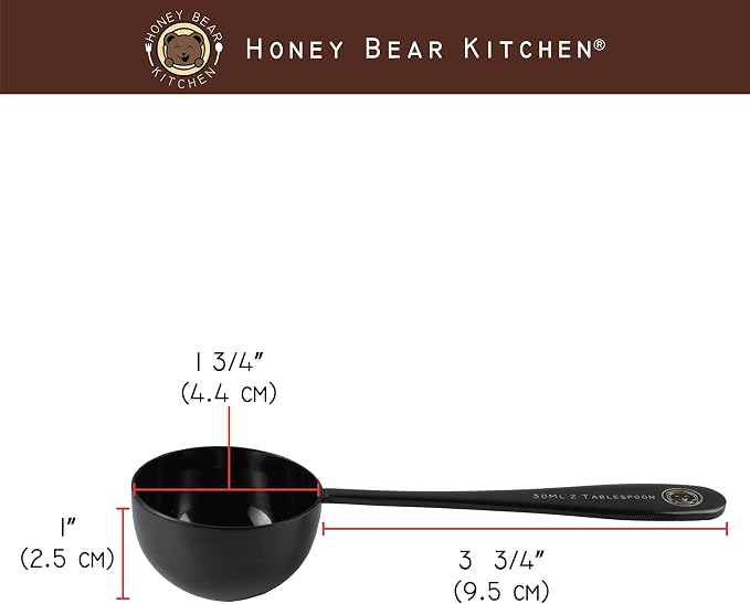 Honey Bear Kitchen 30 ml 2 Tbsp Measuring Scoop Spoons, Black Polished Stainless Steel, Set of 2