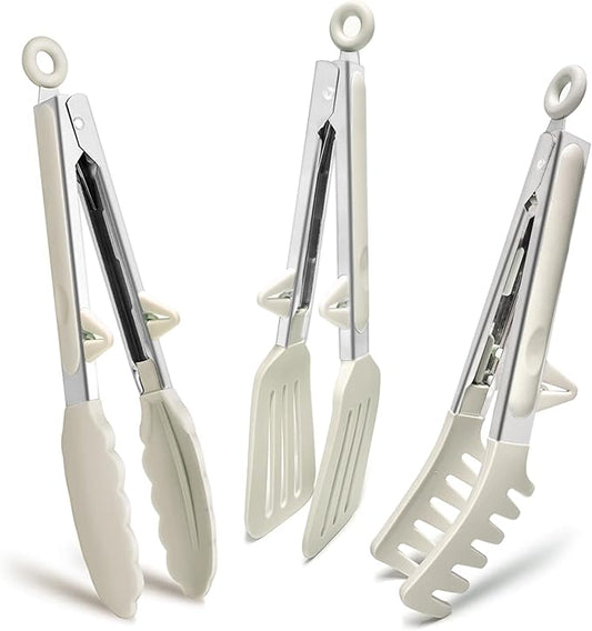 Kitchen Tongs, 9 Inch Tongs for Cooking with Silicone Tips, Food Grade Small Silicone Tongs, Mini Serving Tongs for Nonstick Pans, BBQ, Salad, Set of 3, White