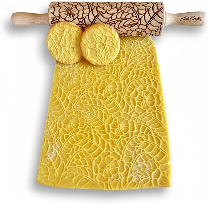 DOILY Embossing Rolling Pin with Flowers Pattern. Dough and Clay Roller for Embossed Cookies and Pottery. Cookie and Ceramic Stamp. Backing Gifts for Women by Algis Crafts