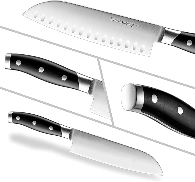 linoroso Santoku Knife 7 inch Meat Kitchen Asian Chef Knife, German High Carbon Stainless Steel Chopping Knife with Full Tang Ergonomic Handle for Home Kitchen and Restaurant
