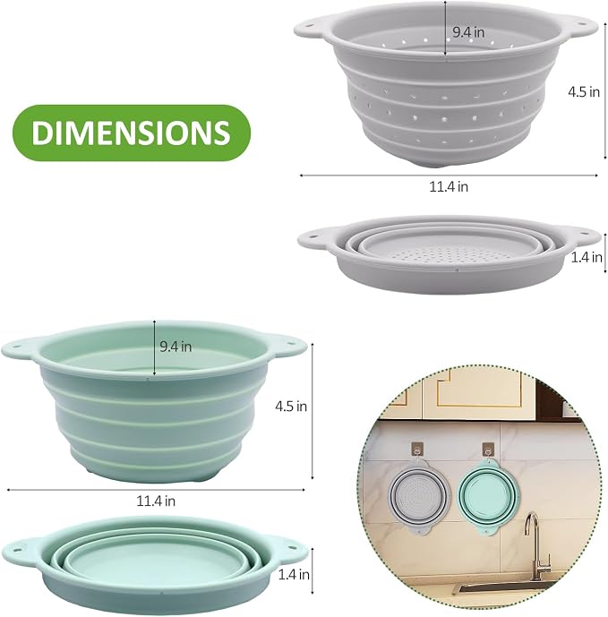 Collapsible Silicone Colander Bowl Set,BPA Free, Heat Resistant, Stainless Steel Nesting, Portable Washing Basket Strainer Drain Basin for Camping, Hiking, Kitchen, Dishwasher Safe (Grey+Green)