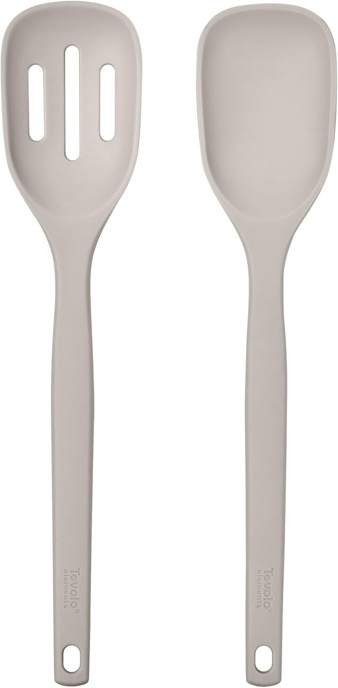 Tovolo Elements Silicone Spoon Set of 2 Mixing and Slotted Spoon Bundle for Non Stick Cooking Mixing Serving, Dishwasher Safe Heat Resistant Slotted Spoon and Mixing Serving Spoon, Warm Gray
