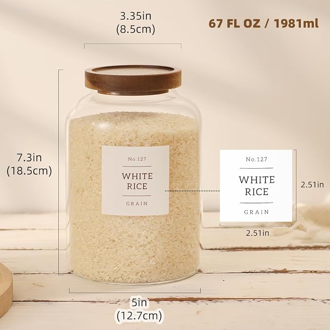 2 Pack Glass Food Storage Containers with Airtight Acacia Lids and 132 Kitchen Pantey Labels Preprint - 67 LF OZ Borosilicate Glass Canister Sets for Food,Coffee,Cookie,Tea,Candy,Sugar