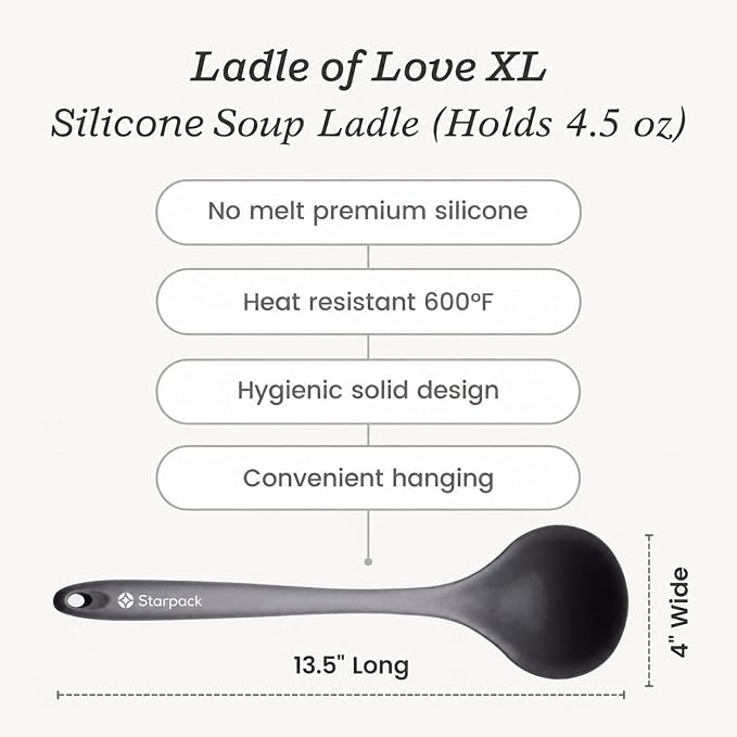 Starpack 'Ladle of Love' XL Premium Silicone Ladle Spoon - Up-to 600°F High Heat Resistant Soup Ladles - Kitchen Ladles for Serving, Non Stick Silicone Spoons, LFGB Grade Cooking Spoon - Gray Black