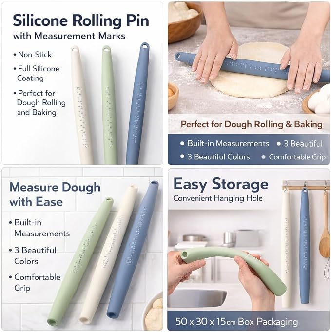FOLAI 3-Piece Silicone Rolling Pin Set with Scale, 13.3 x 1.18 inch, Non-Stick Surface, Children's Rolling Pin, Children's Baking, for Cake Baking, Pizza, Fondant, Cookies