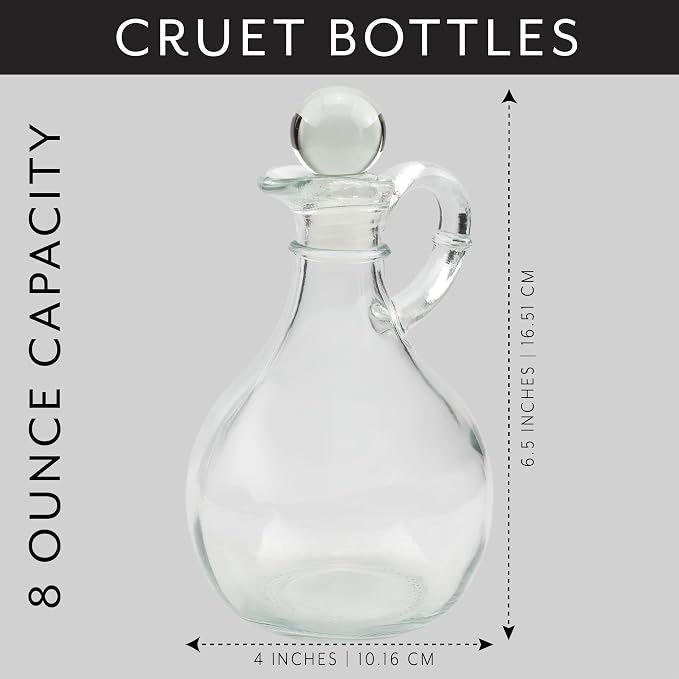 Cornucopia Brands Glass Oil and Vinegar Cruets (Set of 2); 8oz Round Oil Dispensers/Salad Dressing Bottles with Stoppers