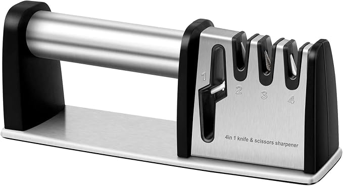 JCHOPE Knife Sharpeners, 4 in 1 Kitchen Blade and Scissors Sharpening Tool, Powerful Professional Chef's Kitchen Knife Accessories, Manual Knife Sharpener Kitchen (Silver), middle