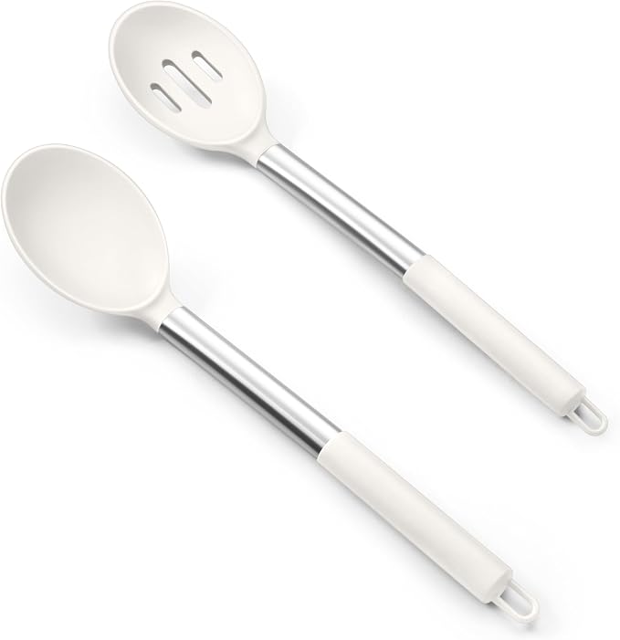 TeamFar Silicone Spoons, 2 Pcs Large Nonstick Kitchen Spoons, Heatproof Solid and Slotted Spoons for Cooking Mixing Serving Stirring, Healthy & Dishwasher Safe, White