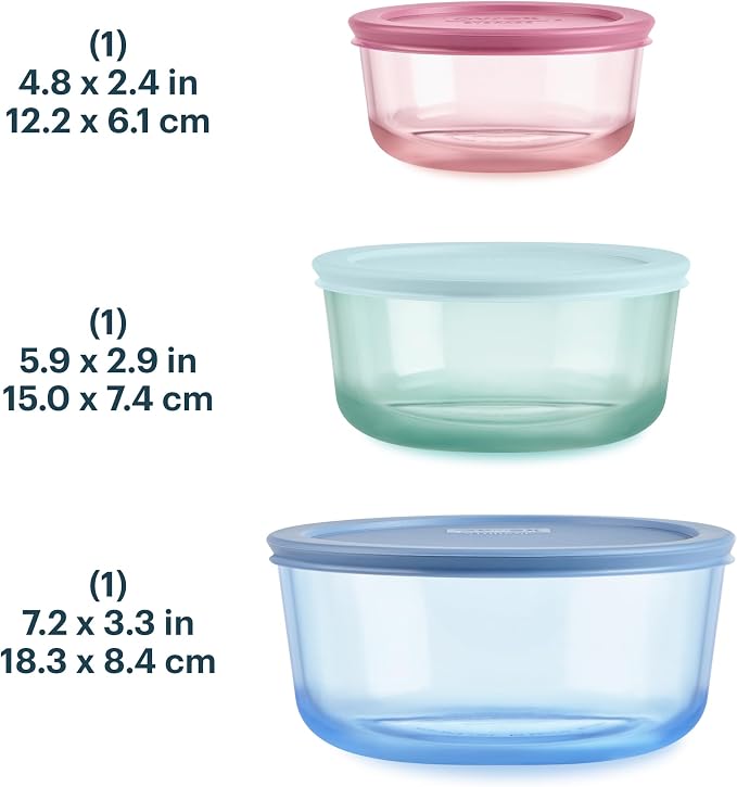 Pyrex Colors (3-Pack, Medium) Tinted Glass Round Food Storage Container Set | Meal prep containers (2, 4 & 7 cup) with snug fit plastic BPA-free lid, freezer, dishwasher, & microwave safe