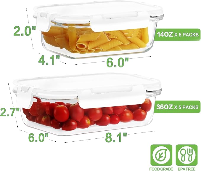 HOMBERKING 10-Pack Glass Meal Prep Containers, 36 oz/14 oz, Locking Lid Set | Borosilicate Glass Food Storage Containers Set, Airtight Lunch Bento Boxes, BPA-Free, Dishwasher Freezer, Oven Safe-White