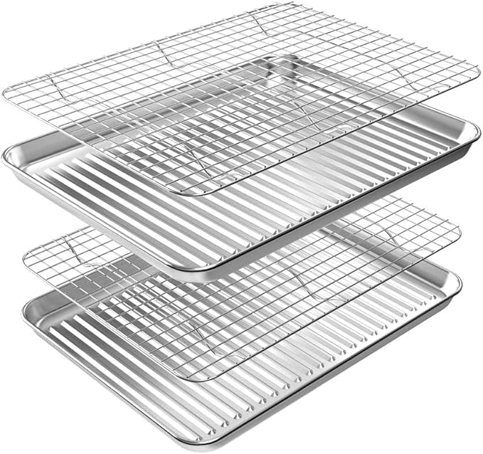 Baking Sheet with Cooling Wire Rack Set, Stainless Steel 2 Pans + 2 Racks | 16x12x1 Inches Baking Sheet Pan with Nonstick, Warp Resistant, Heavy Duty Design for Baking, Roasting, and Cooking