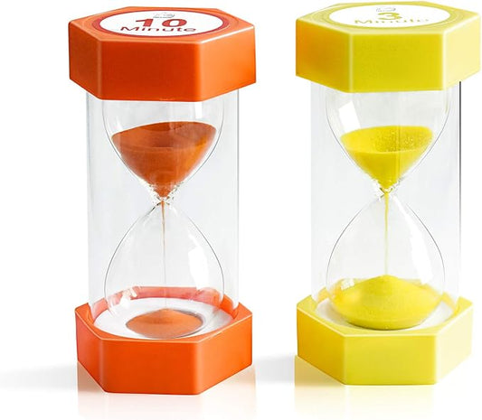 Sand Timer,XINBAOHONG Hourglass Sand Timer 3 Minutes 10 Minutes Timer Clock for Kids Games Classroom Home Office Kitchen Use (Pack of 2) (6.3''X 3.2'', 3 Min(Yellow) and 10 Min(Orange))