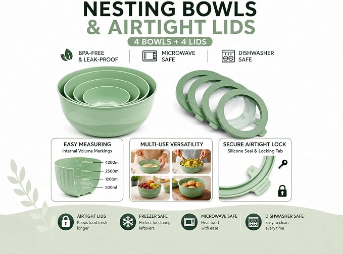 Pera Mixing Bowls with Lids, 8-Piece Airtight Leak-Proof Nesting BPA-Free Prep Bowl Set for Kitchen & Food Storage, Large 4200ml Capacity, Microwave & Dishwasher Safe(Green)