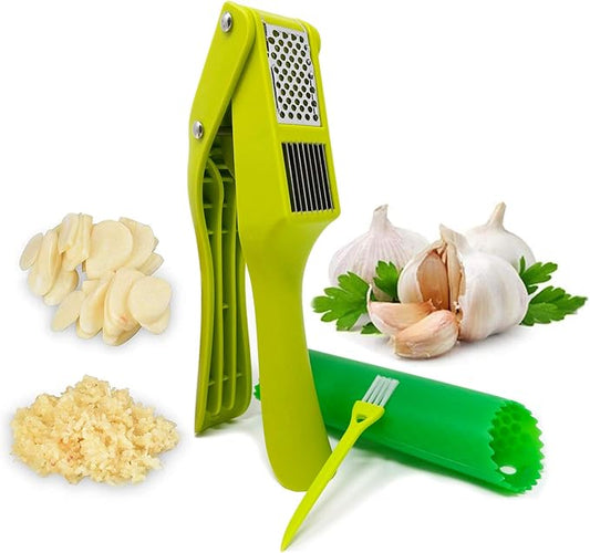 Garlic Press, 2 in 1 Garlic Slicer and Mincer with Silicone Tube Peeler and Cleaning Brush for Garlic, Ginger, Nuts & Seeds