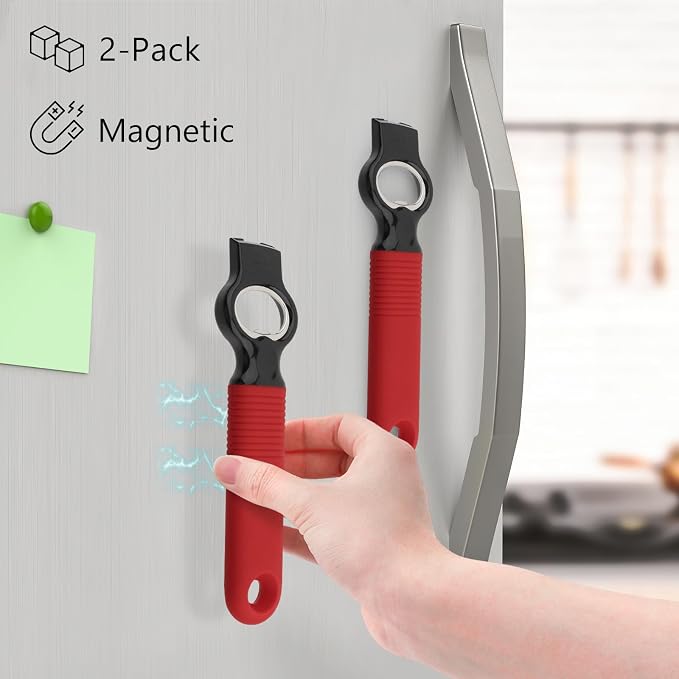 2-Pack Magnetic 2-in-1 Beer Bottle Cap & Soda Can Opener-Red | Soft Silicone Handle with Built-in Magnet Sticks to Fridges / Easy Can Tab Opener for Bartenders, Seniors, and Long nails