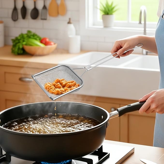 STOBAZA Fine Mesh Skimmer Spoon for Hot Pot and Frying Stainless Steel Fat Skimmer with Long Handle and Hanging Hole Food Strainer for French Fries Poached Eggs Vegetables and Meat 16.92 X 5.11 Inch