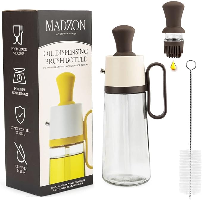 3-in-1 Olive Oil Dispenser Bottle for Kitchen with Brush and Straw Cleaner. Pour, Drizzle or Brush Vinegar, Soy Sauce and Cooking Oil Container. 18.6oz Glass Oil Cruet/Leakproof Spout (Brown)