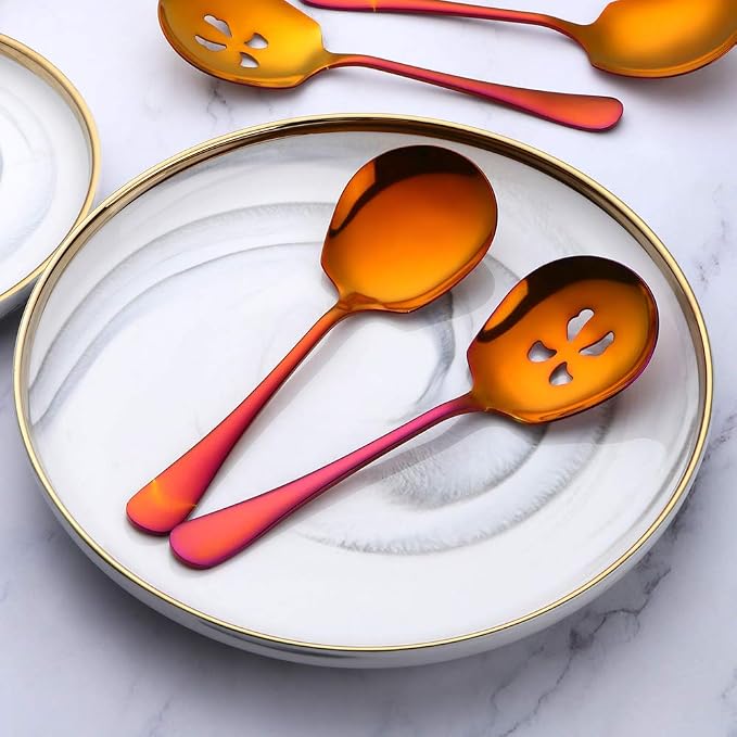 Meisha Serving Spoons Set, 3 Serving Spoons and 3 Slotted Serving Spoons, Orange Red Stainless Steel Serving Utensils for Buffet Can Banquet Cooking Kitchen - Mirror Polished