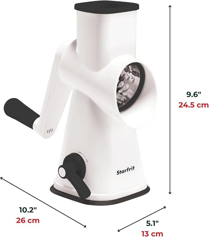 Starfrit Rotary Drum Grater, 4 Stainless Steel Drums, Slicer & Grater | 4 stainless steel drums. Slice, grate and shave ice. Easy hand crank. Strong suction base. Easy to clean.