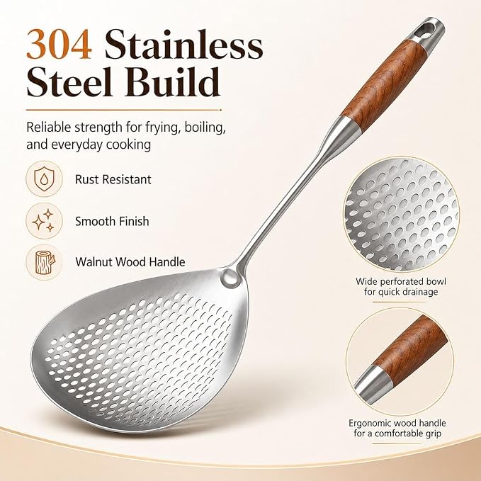 Wooden Handle Stainless Steel Skimmer, 16.8 Inch Metal Slotted Frying Spoon Spider Strainer for Deep Frying, Deep Fryer Scoop Ladle Kitchen Cooking Colander with Walnut Wood Handle(3pc)