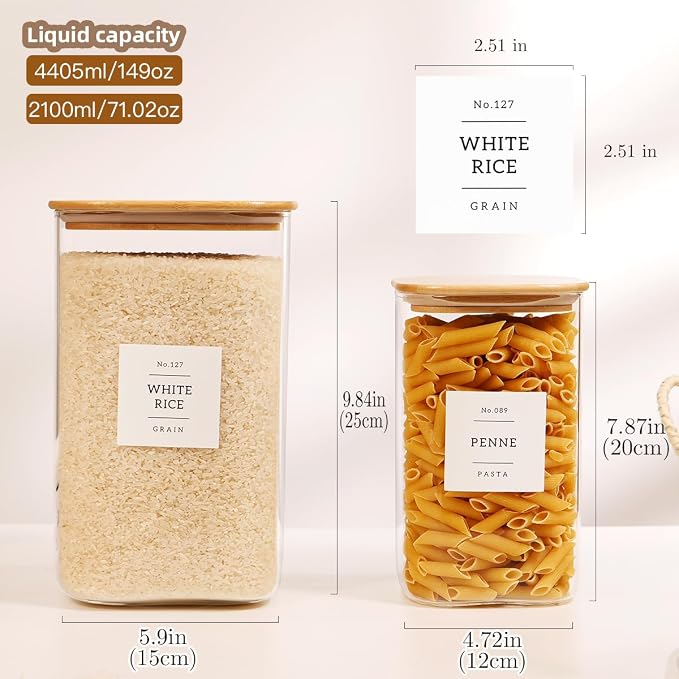 2 Pack large Square Glass Flour and Sugar Containers with 132 Kitchen Pantry Labels - 149 floz & 71 floz - Glass Jars with Airtight Bamboo Lid - Glass Rice Canisters for Coffee, Pasta, Cookie, Cereal