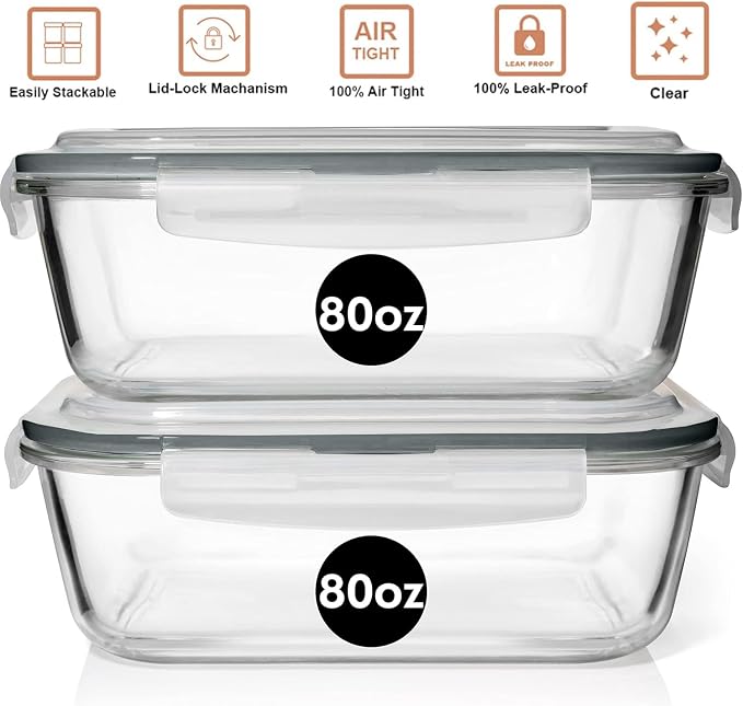 Razab 10 Cups/ 80 Oz 4 Pc (Set of 2) Glass Food Storage Containers with Airtight Locking Lids For Storing & Serving Food. BPA Free & Leak Proof - Microwave, Dishwasher, Fridge, Freezer, Oven Safe