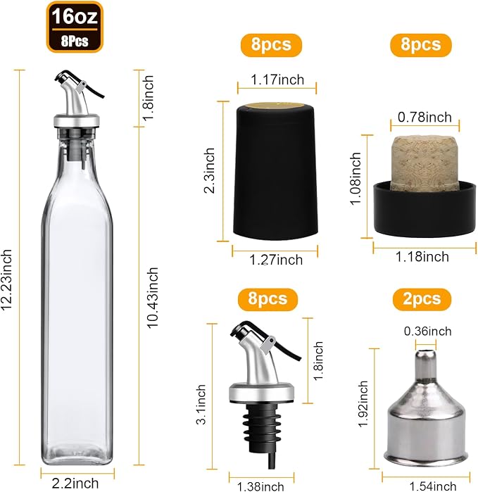 Salzesfalls 8 Pack 17oz Olive Oil Dispenser Bottle, Cooking Oil Dispenser | Glass Oil Dispenser for Kitchen, Vinegar Cruet Bottle, Oil and Vinegar Dispenser Set, Clear Cruet with Pourers and Corks