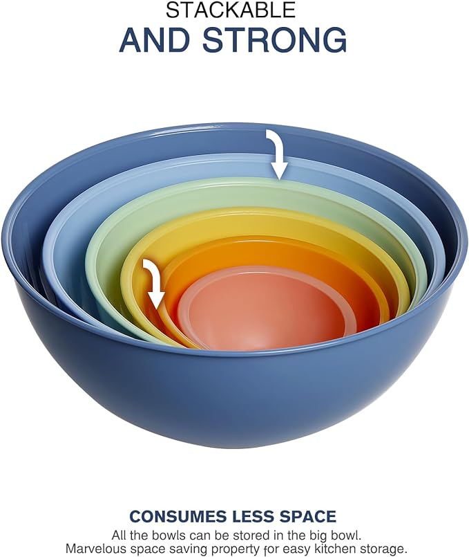 Greentainer Plastic Mixing Bowls with Lids Set for Kitchen, 6 Set Nesting Bowls for Mixing, Baking, Prepping, Cooking and Serving Food, Mixing Bowls Dishwasher, Microwave Safe