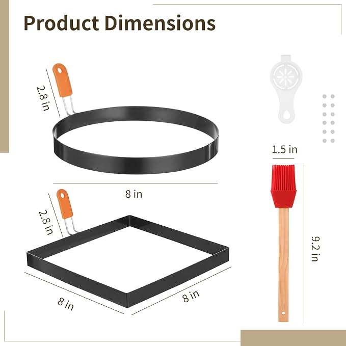 2 PCS 8 Inch Egg Rings for Frying Eggs, Round and Square Griddle Omelette Mold, Non-Stick Stainless Steel Pancake Ring with Foldable Silicone Handle, Includes Egg Separator and Oil Brush