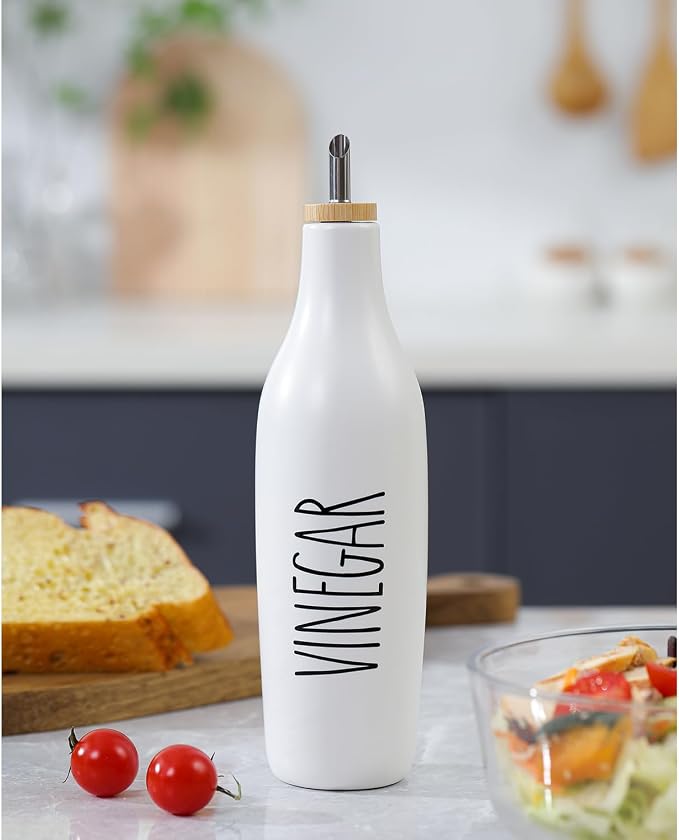 HOMCDALY Ceramic Olive Oil Dispenser for Kitchen, Stoneware 16oz Oil and Vinegar Bottles Dispenser, Kitchen Dispenser Bottle for EVOO Vinegar Syrups, Modern Farmhouse Design(W-V)
