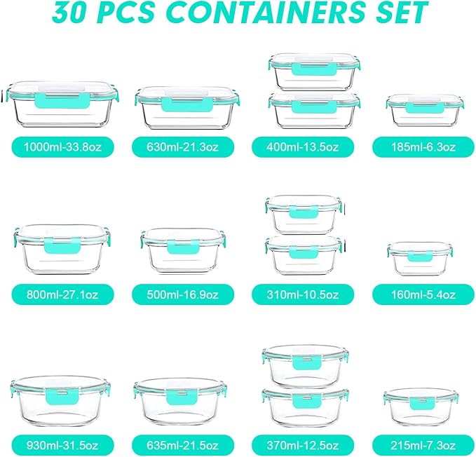 VERONES 30 Pieces Glass Food Storage Containers Set with Lids, Green | Stackable Glass Meal Prep Containers Set with Lids, Airtight Lunch Containers, for Microwave, Oven, Freezer & Dishwasher