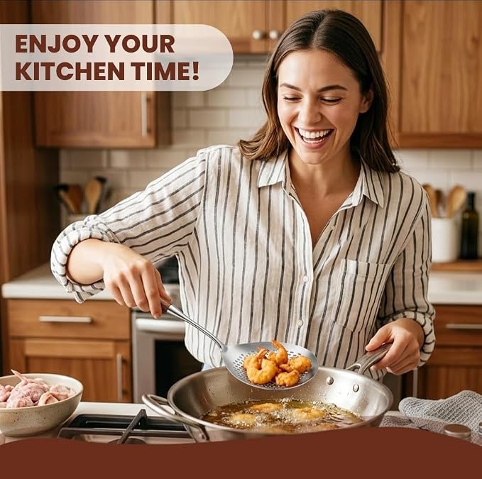 Skimmer Slotted Spoon 304 Stainless Steel With Wooden Handle 16.8 inch Skimmer Spider Food Strainer Ladle Kitchen Cooking Colander for Pasta Deep Frying Scoop