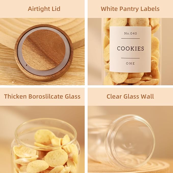 3 Pack Glass Canisters with Airtight Acacia Lids and 132 Kitchen Pantey Labels Preprint - 51 Fl Oz Borosilicate Glass Pantry Storage Jars Containers with Wooden Lids for Pasta,Spaghetti,Cereal,Noodles