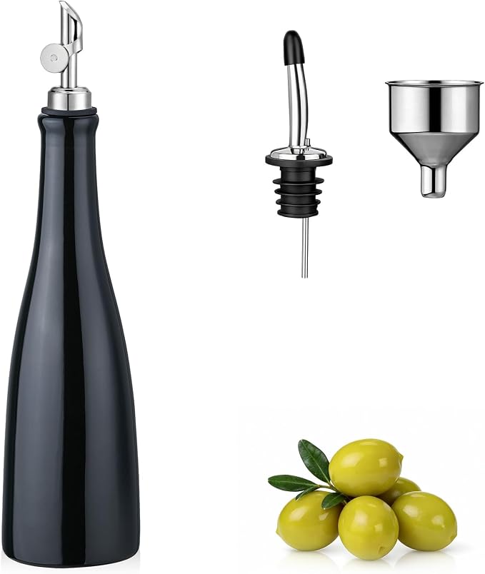 YOLIFE Olive Oil Dispenser Bottle, 17oz/500ml Ceramic Oil Bottle (Black) | Oil Dispenser with Gravity Spout, Leak Proof EVOO Dispensing Bottle with 2 Spouts and 1 Funnel for Vinegar, Kitchen